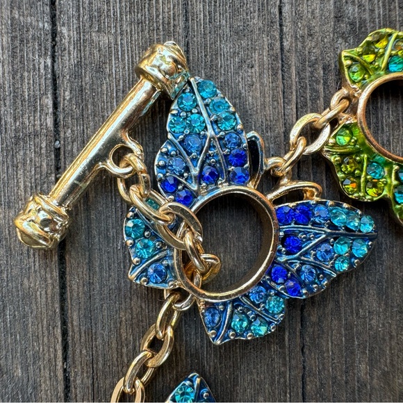Green & Blue Sparkly Butterfly Gold Tone Rhinestone Crystal Adjustable Bracelet - Picture 11 of 12